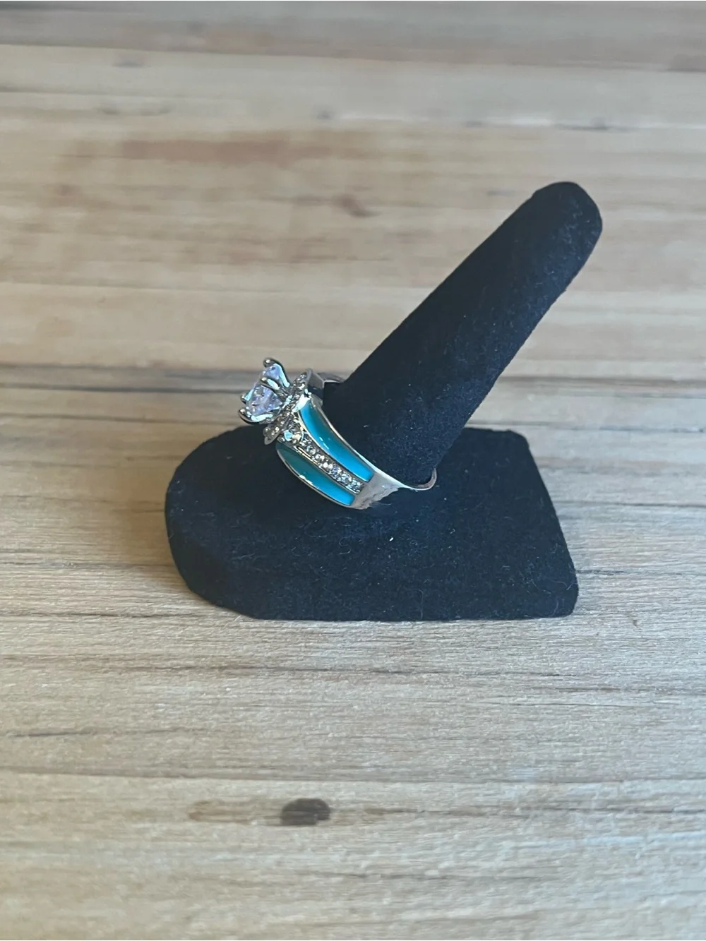 Turquoise Silver Tone Halo Ring With Cubic Zirconia Center Stone Size 9
